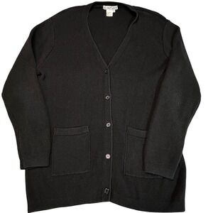 WinterSilks Black Silk Cotton Blend Ribbed V Neck Cardigan Sweater Women's L